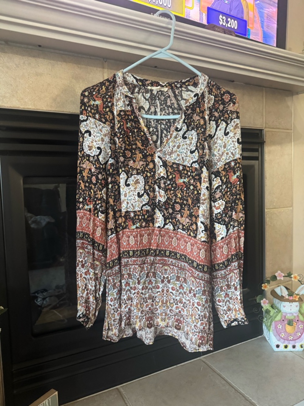 Boho Paisley Mixed Print Long Sleeve Blouse - Multicolor